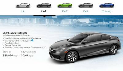 入門車價比四門版多$410美元！2016 Honda Civic 10 Coupe預計3月15日正式發售，基本價從$19050美元起跳，頂級Touring版則是$26125美元